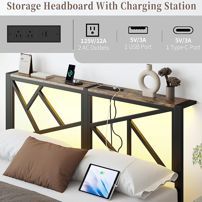 Full Size Black Metal Bed Frame with USB Charging Station, LED Ambient Lighting, and Wooden Storage Headboard - Includes Under-Bed Storage, No Box Spring Needed, Noise Free, Easy Assembly