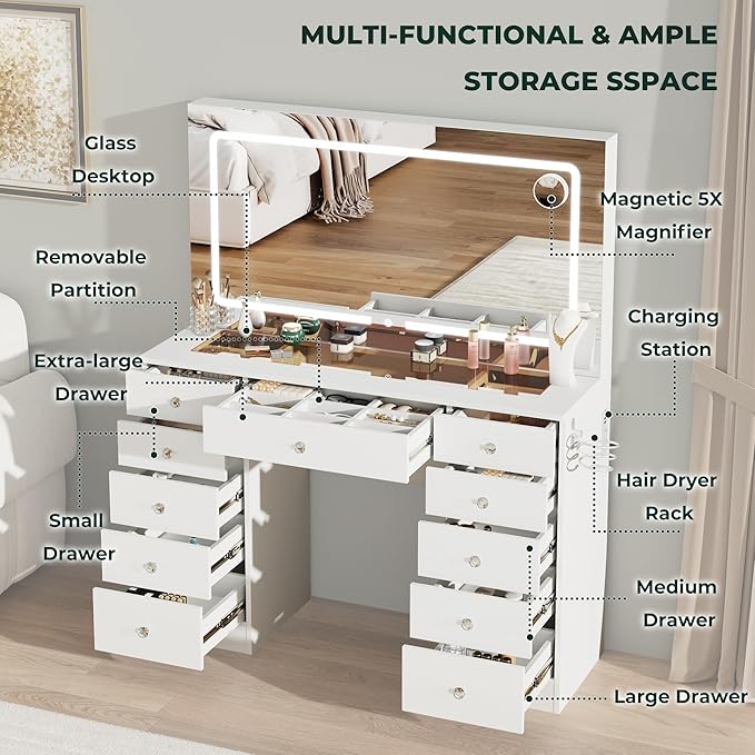 White Vanity with Lighted Mirror, 11 Drawers Vanity Mirror with Lights, 46" Makeup Vanity Desk with 3 Lighting Modes Adjustable Brightness, Vanity with Glass Top for Bedroom