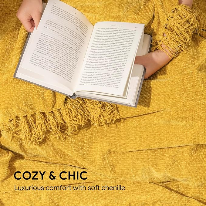 RECYCO Throw Blanket Soft Cozy Chenille Throw Blanket with Fringe Tassel for Couch Sofa Chair Bed Living Room Gift (Mustard Yellow, 50'' x 60'')