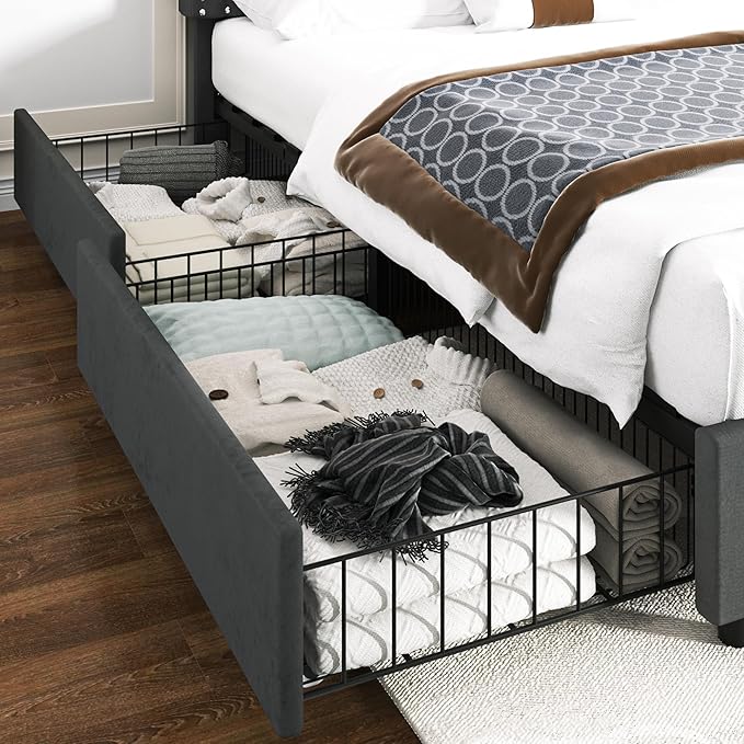 VECELO Queen Size Upholstered Platform Bed Frame with 4 Storage Drawers, Adjustable Velvet Rivets Headboard, Wooden Slats Support, No Box Spring Needed, Easy Assembly