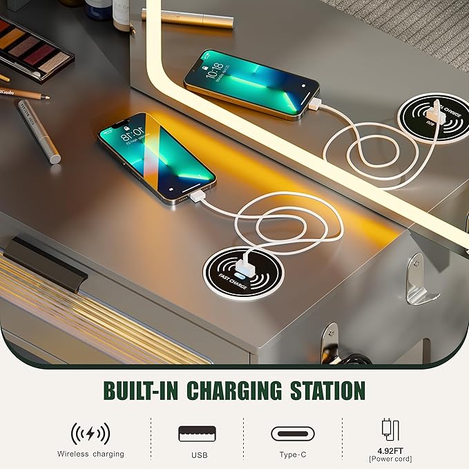 Vanity Desk with Sliding Vanity Mirror and RGB Lights,Makeup Vanity Desk with Charging Station,LED Vanity Table with Hidden Storage,Dressing Table Set with Stool&5 Drawers for Bedroom,Grey