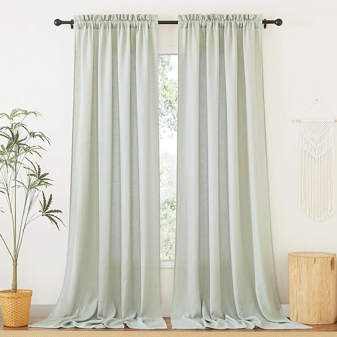 RYB HOME Extra Long Linen Curtains 120 inches for Living Room, Light Filtering Privacy Protection Vertical Decorative 2 Panels Set Window Treatments for Bedroom, Sage Green, W 52 x L 120 inches