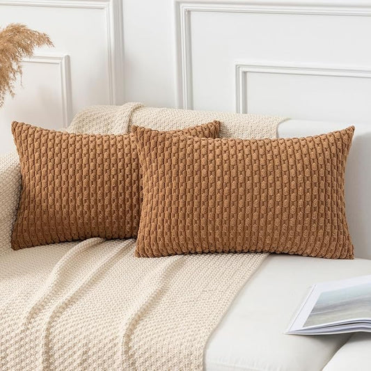 Kevin Textile Throw Pillow Covers Soft Corduroy Decorative Set of 2 Boho Striped Pillow Covers Pillowcases Farmhouse Home Decor for Couch Bed Sofa Living Room 12x20 Inch Khaki