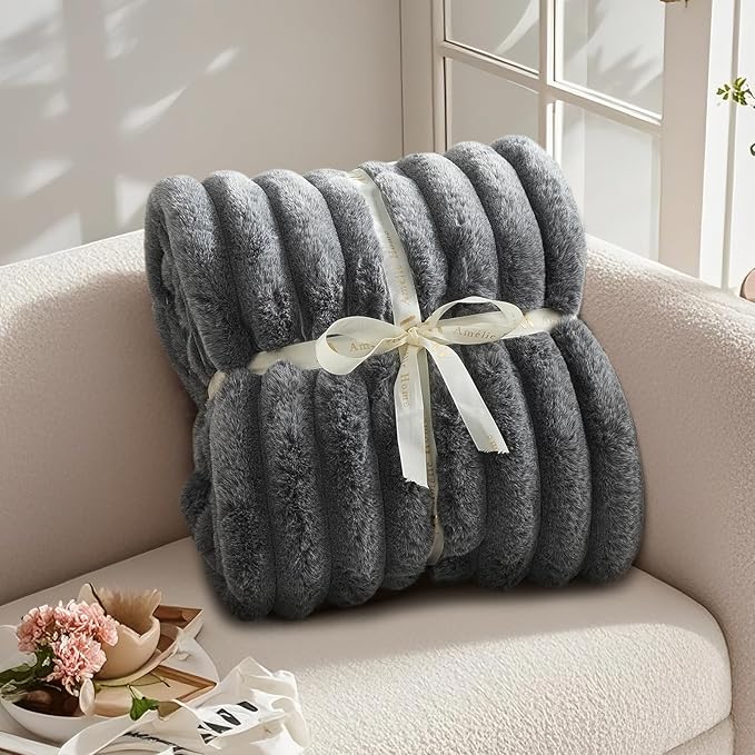 Amélie Home Faux Fur Throw Blanket for Couch, Ultra Cozy Fuzzy Fluffy Fur Luxurious Soft Striped Plush Gift Blankets for Family Sofa Chair Bed Living Room Bedroom, 55"x70", Ionic Wolf Gray