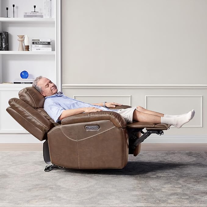Watson & Whitely Genuine Leather Power Recliner Chairs for Adults, Wall Hugger RV Recliner with Power Headrest & Charging Ports, Electric Recliner Sofa Chair for Living Room, Cafe