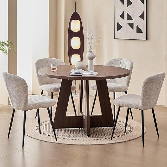 47" Round Dining Room Table Set for 4, [Fanned Base] [1.38" Thick Top] Wood Kitchen Table with 4 Chenille Dining Chairs