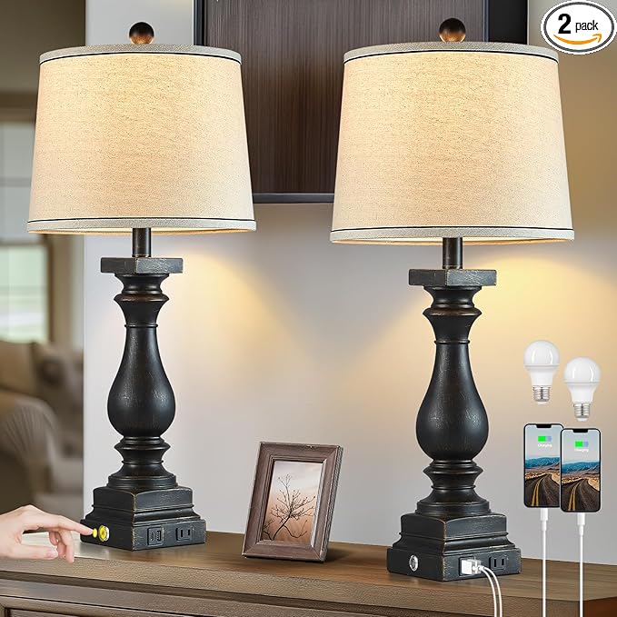 28" Tall Farmhouse Table Lamps Set of 2 with USB C+A Ports and AC Outlet, 3 Way Touch Control Rustic Bedside Lamp for Bedroom, Black Vintage Nightstand Lamp for Living Room Office