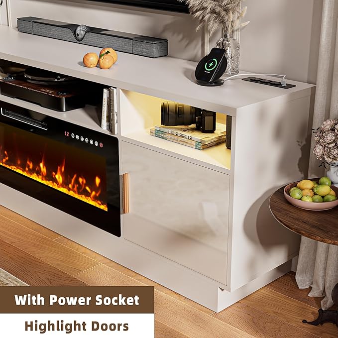 Ludatido 80 Inch Premium TV Stand with 36 inch Electric Fireplace 27 Inch high LED Light Entertainment Center Easy to Assemble for TVs Up to 90'' with USB&AC Power Interface White