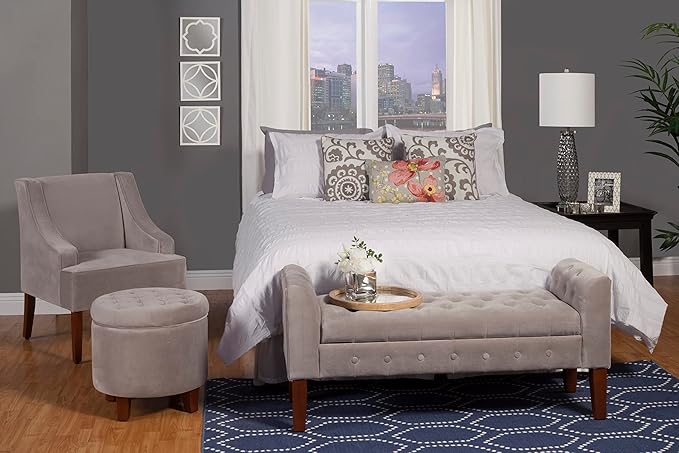 HomePop by Kinfine Fabric Upholstered Round Storage Ottoman - Velvet Button Tufted Ottoman with Removable Lid, Light Gray Small