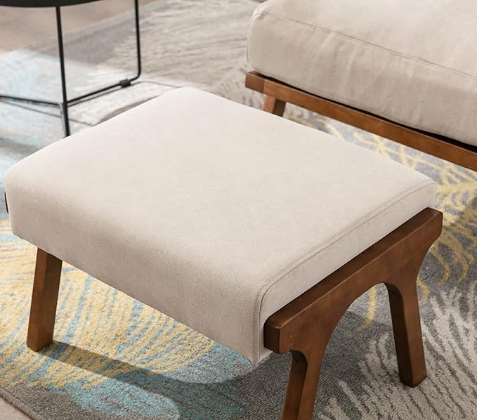 Wahson Set of 2 Mid Century Arm Chairs and Ottomans, Upholstered Accent Armchair with Wood Frame and Canvas Cushions, Leisure Slipper Chair for Living Room/Bedroom, Beige