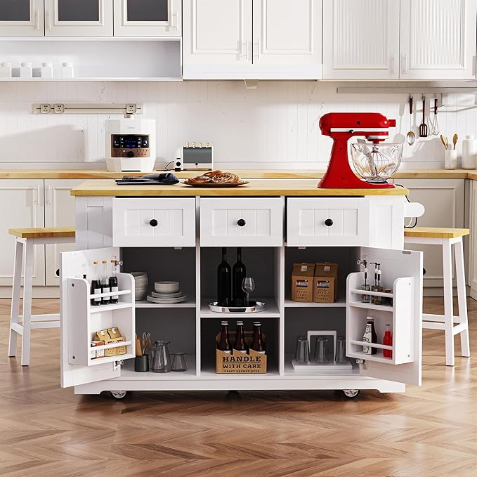 Large Kitchen Island Cart on 5 Wheels with 2 Bar Stools, Power Outlet, Drop Leaf, 3 Drawers, Kitchen Storage Cart with 5 Open Side Racks for Kitchen, Dining Room, Home Bar White
