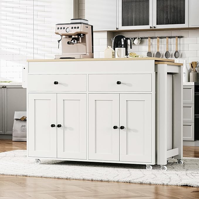 RUNNA 74.5 inch Kitchen Island with Extendable Dining Table,Rolling Island on Wheels with Spice Rack and 2 Drawers,Kitchen Storage Cart with 4 Door Cabinet (Off White#009)