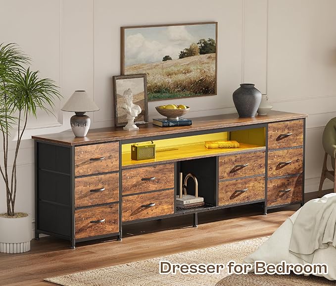 Huuger 70.9 Inch LED TV Stand Dresser with Power Outlets, USB-C Port and LED Lights, 10 Fabric Drawer Dresser for Bedroom, Long Entertainment Center for 75, 80 Inch TV, Open Shelves, Rustic Brown