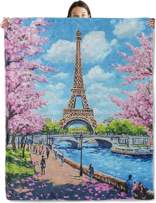 Romantic Paris Eiffel Tower Blanket, Cozy Flannel Throw Blanket with Cherry Blossoms for Couch Outdoor, Plush Soft Lightweight Travel Blankets for Bed Decor and Gifts, for Women Adults 40"x50"