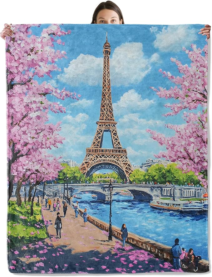 Romantic Paris Eiffel Tower Blanket, Cozy Flannel Throw Blanket with Cherry Blossoms for Couch Outdoor, Plush Soft Lightweight Travel Blankets for Bed Decor and Gifts, for Women Adults 50"x60"
