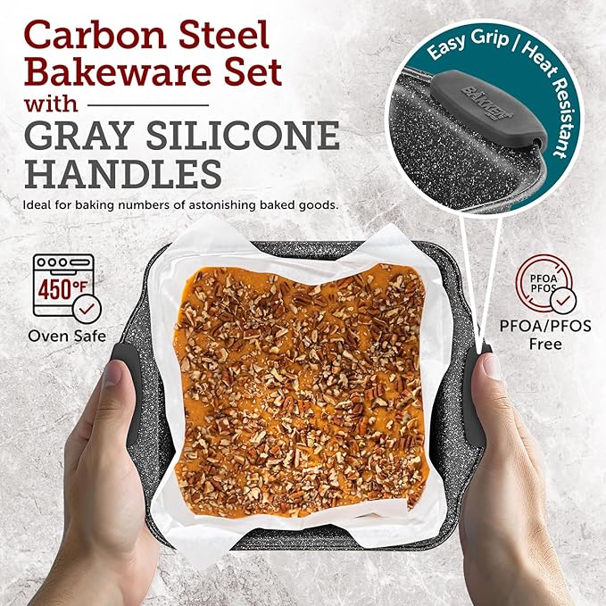 BAKKEN 8-Piece Kitchen Oven Baking Pans Set - Deluxe Nonstick Gray Marble Coating, Professional Grade Carbon Steel Bakeware with Silicone Handles - Oven, Dishwasher, and Freezer Safe