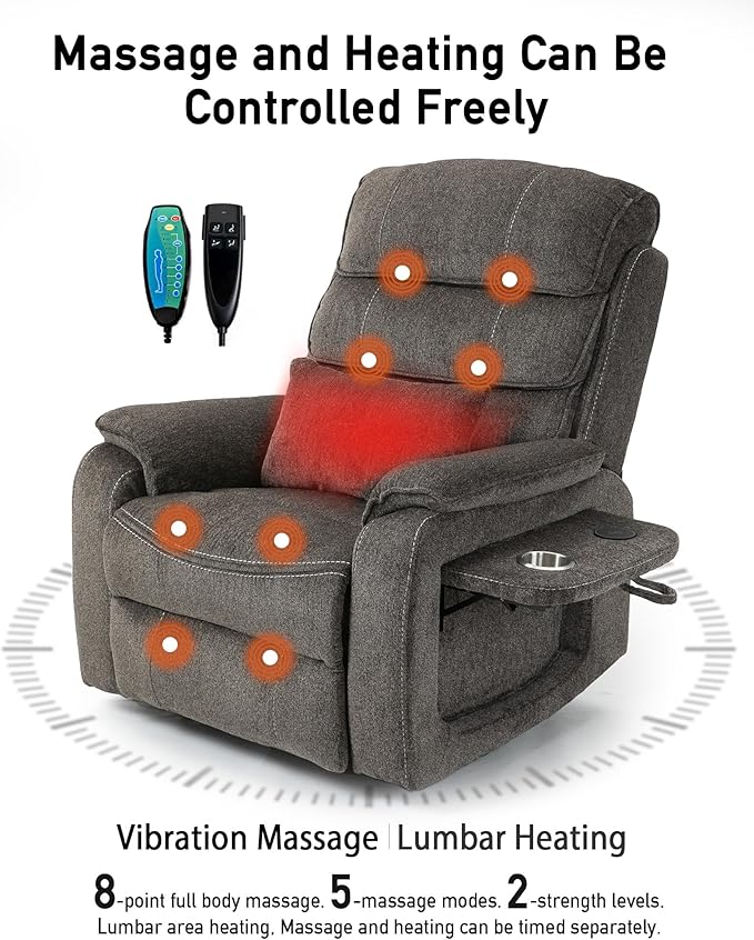 Large Power Lift Chairs Recliners for Elderly with Heated and Massage, Upgraded Dual Motor Lay Flat Recliners, 25in Extra Wide Seat, Folding Tablet, Side Pocket