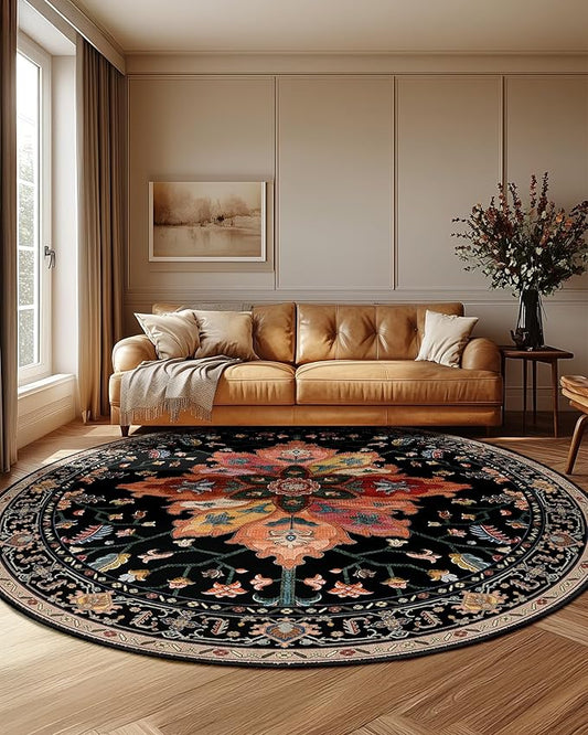 Area Rugs 8ft Washable Non-Slip, Floral Vintage Distress Print Pattern Medallion Carpet for Living Room Bedroom Dining Room, Black Colorful Floral Dark Tan