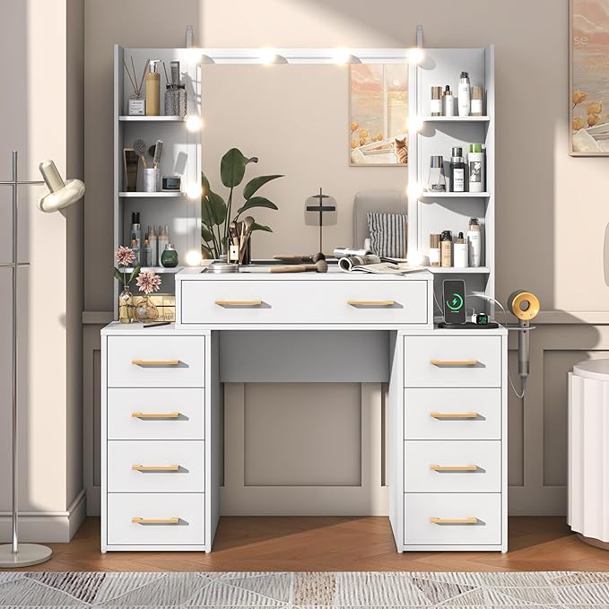 Glass Top Vanity Desk with Mirror and Lights, Large Vanity Makeup Mirror Desk with Charging Station Compartment Storage Drawers, Modern Makeup Vanity with 9 Drawers 6 Shelves, White