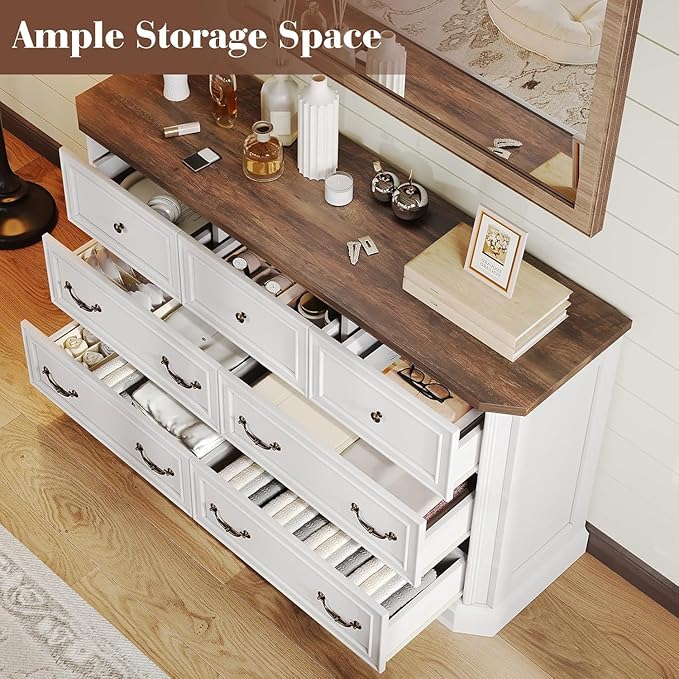 Farmhouse 54" 7 Drawers Dresser, Wood Rustic Chest of Drawers Dresser with Corner Bevel Shape, Closet Storage Dressers for Bedroom, Living Room, Hallway, Antique White