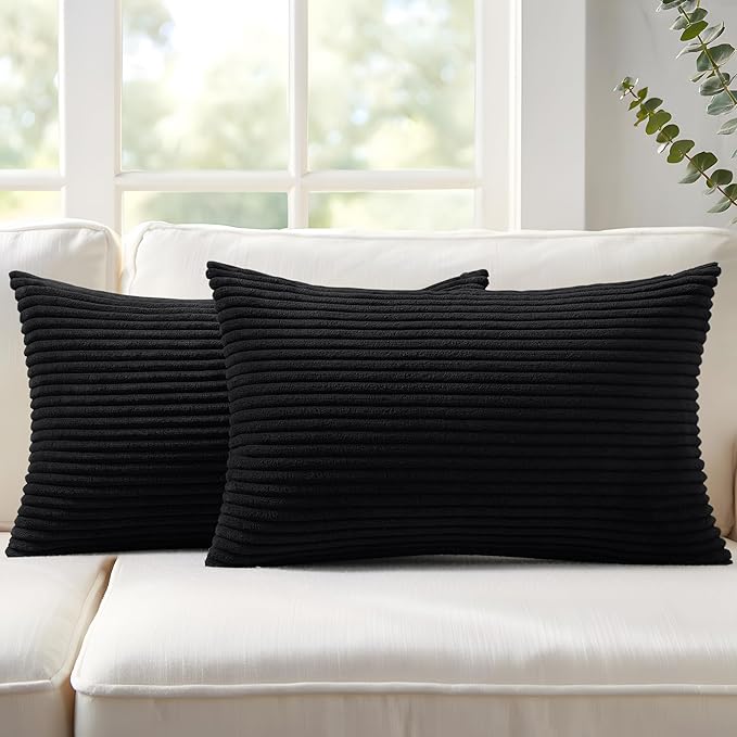 Mecatny Corduroy Decorative Throw Pillow Covers 12x20 Set of 2 for Sofa Living Room, Soft Neutral Boho Couch Pillow Covers for Home Decor, Black