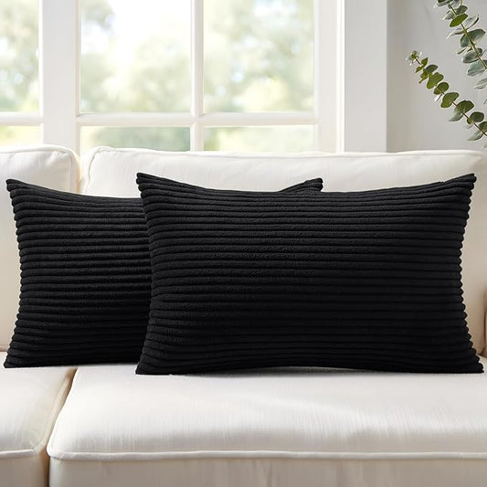 Mecatny Corduroy Decorative Throw Pillow Covers 12x20 Set of 2 for Sofa Living Room, Soft Neutral Boho Couch Pillow Covers for Home Decor, Black