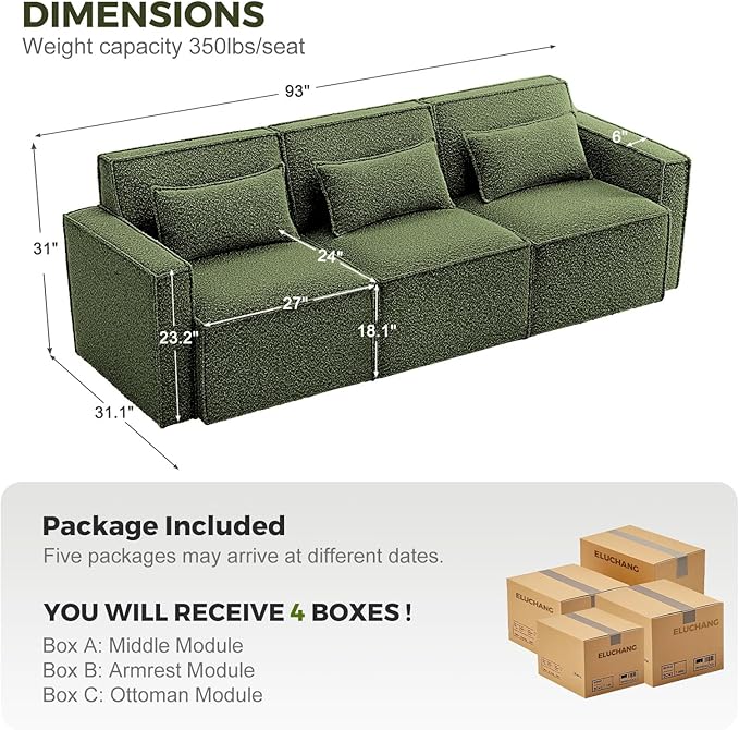 ELUCHANG 93" Modular Sectional Sofa Couch, 3 Seater Large Sectional Couches for Living Room, Modern Boucle Oversized Couch, Comfy Deep Seat Home Sofas Set, Green
