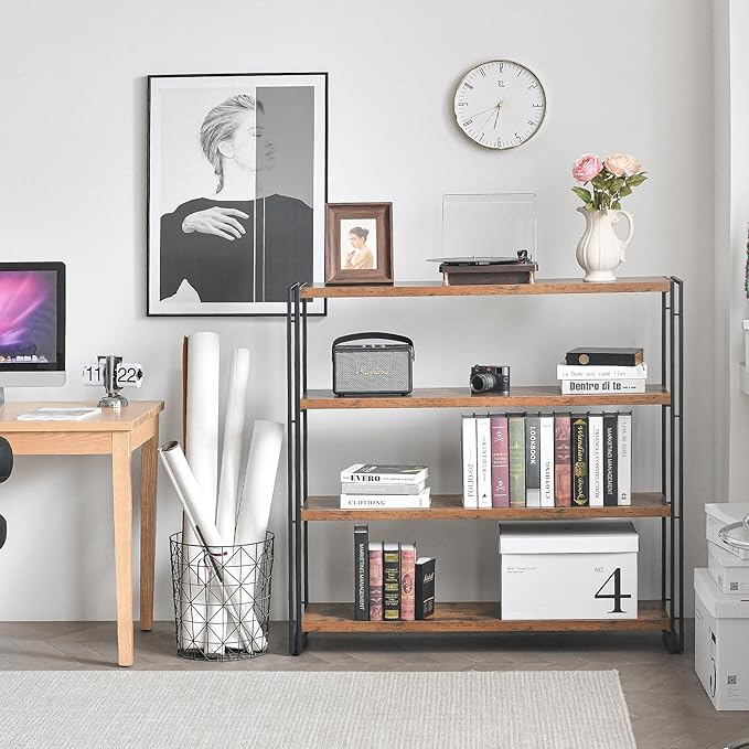 HCHQHS Bookshelf,4-Tier Industrial Bookcase,Rustic Wood and Metal Open Display Book Shelves Home Office,Bedroom Standing Shelf Unit,Horizontal Kitchen Shelf Organizer,Bathroom Storage Rack 47in