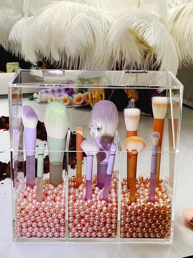 Acrylic Makeup Organizer ,clear Cosmetic brush storage box with 3 Brush Holders ,Makeup brush holderwith dust cover, Largecapacity split design can quickly organize the desktop ( with Free
