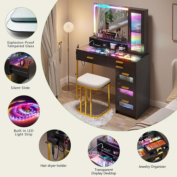 HENBC Vanity with Mirror and LED Lights, Glass Top Vanity Desk with Charging Station(Wireless+USB+Type-C), RGB Makeup Table Set with Stool/Makeup Organizer/6 Drawers for Bedroom,Black