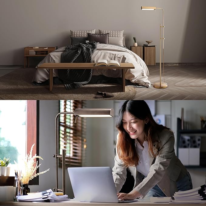 O'Bright Cedric Adjustable Pharmacy Floor Lamp - Industrial Design for Reading, Crafting, Work - 10W LED, Height 45-61 inches - Ideal for Living Room, Bedside, Office - Antique Brass (Gold)