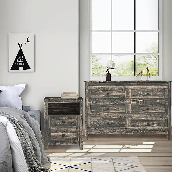 Farmhouse Bedroom Set, 3 Pieces Bedroom Furniture Set, Rustic Wood 6 Drawer Dresser and Nightstands, Chest of Drawers Wide Storage Organizer Cabinet for Bedroom