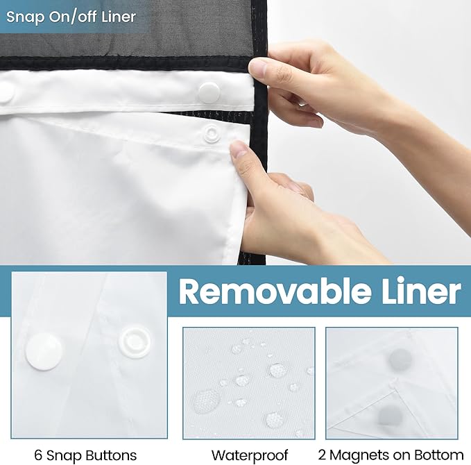 Stall No Hook Shower Curtain with Snap in Liner,230GSM Waffle Weave Shower Curtains for Bathroom,36W x 74H,Black