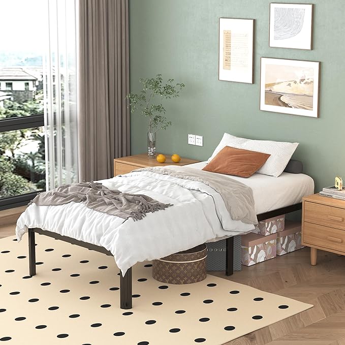 14 Inch Twin XL Bed Frames with Rounded Corner Legs, 1000 LBS Heavy Duty Metal XL Twin Platform No Box Spring Needed, Noise Free, Easy Assembly, Black