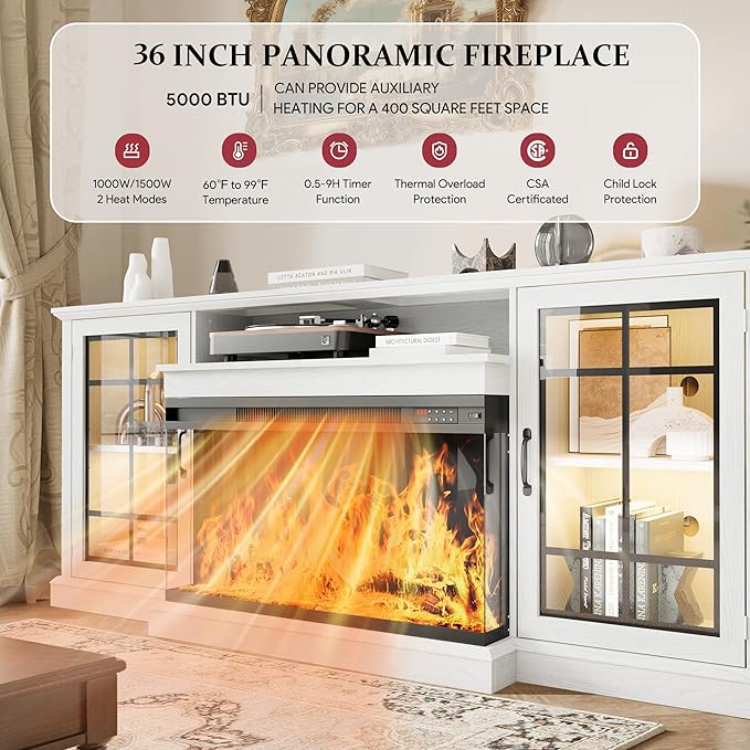 MXV 70'' Fireplace TV Stand, Farmhouse Entertainment Center with 3 Sided Glass TV Stand, Modern Media Console Table with Storage Drawers & Cabinets with LED Flame and Lights for Living Room, White