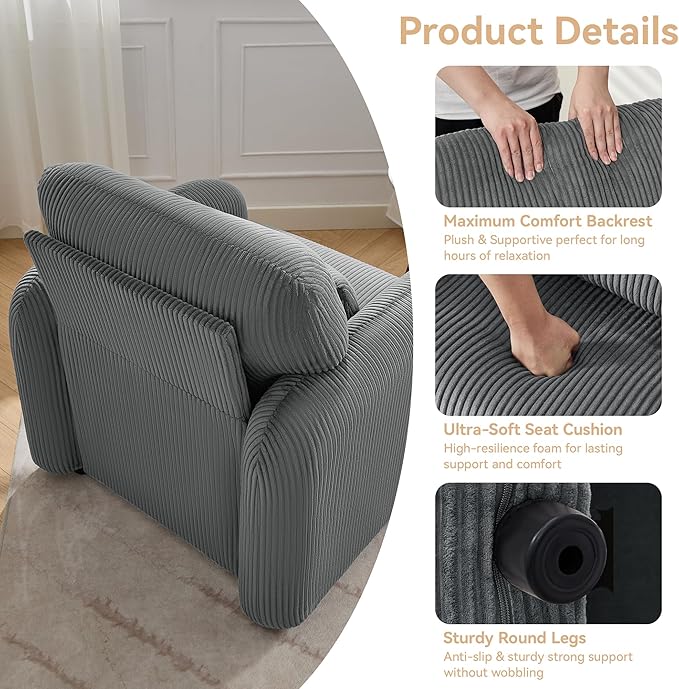 Corduroy Fabric Accent Chairs Set of 2, Modern Upholstered Living Room Chairs with Lumbar Pillow, Wide Comfy Leisure Armchair for Bedroom, Office, Reading, Grey