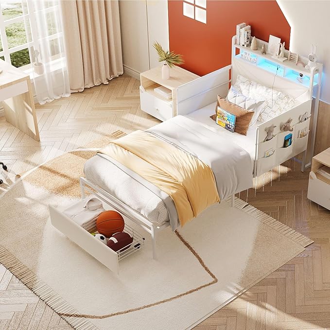 Maupvit Twin Bed Frame with Storage Headboard and Drawer,Upholstered Platform Bed Frame with LED Lights & Charging Station,Twin Size Bed with Guardrail,No Box Spring Needed,Beige