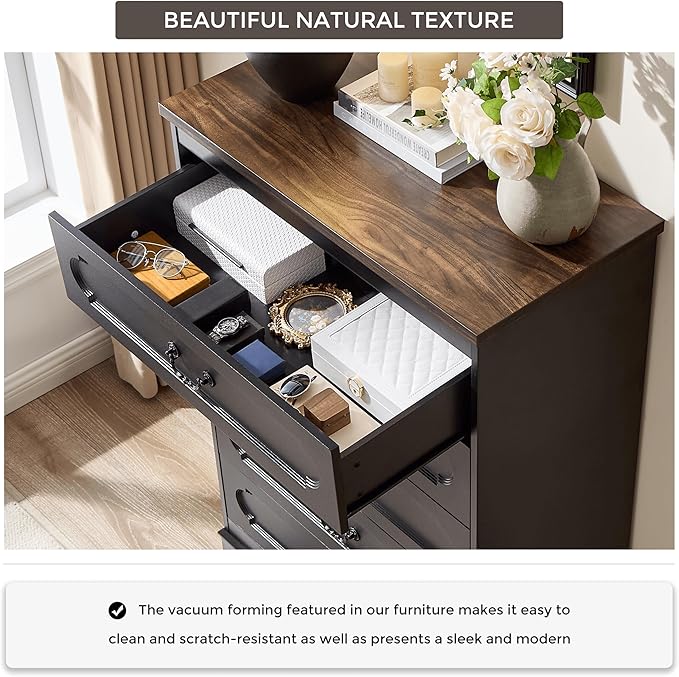 LIDYUK 5 Drawer Dresser for Bedroom Farmhouse Black Wood Chest of Drawers for Bedroom Dresser, Rustic 46" Tall Wide Drawers Dressers Wooden Closet Storage Cabinet, Hallway, Living Room