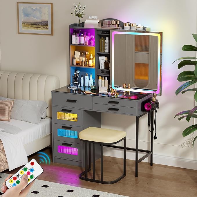 RGB Vanity Desk with Sliding Mirror and Lights,Makeup Vanity with Charging Station,LED Vanity Table with Glass Top,Girls Vanities Dressing Table Set with Stool&6 Drawers for Bedroom(Grey)
