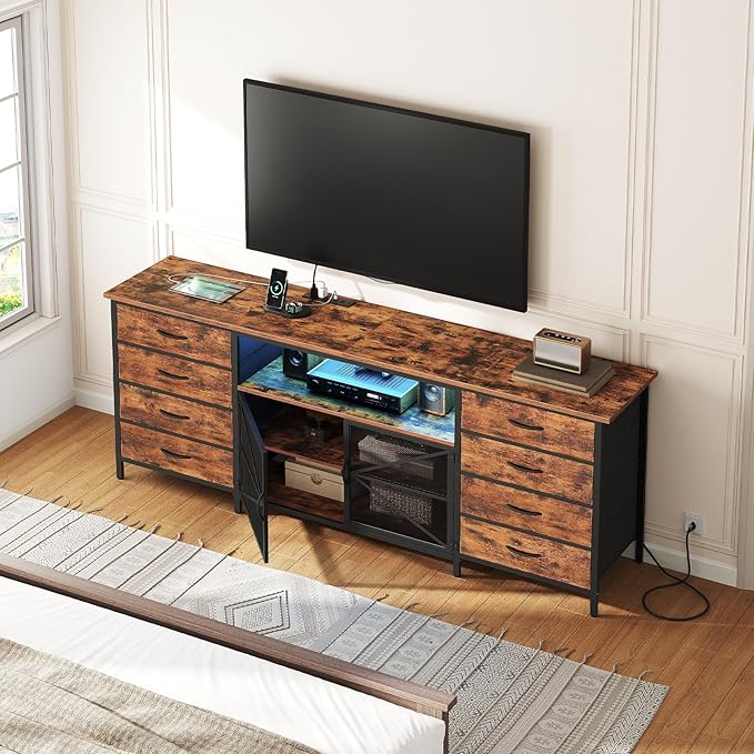 TV Stand Dresser for 65 Inch TV with Power Outlets and LED Lights, Long Dresser with 8 Fabric Drawers, Large Entertainment Center TV Console with Mesh Door for Bedroom, Rustic Brown