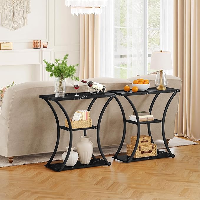 Hoctieon 3 Tier Console Table with Open Wood Shelves, Decorative Entryway Table with Curved Metal Frames, Narrow Sofa Table for Entrance, Living Room, Hallway, Black Marbled