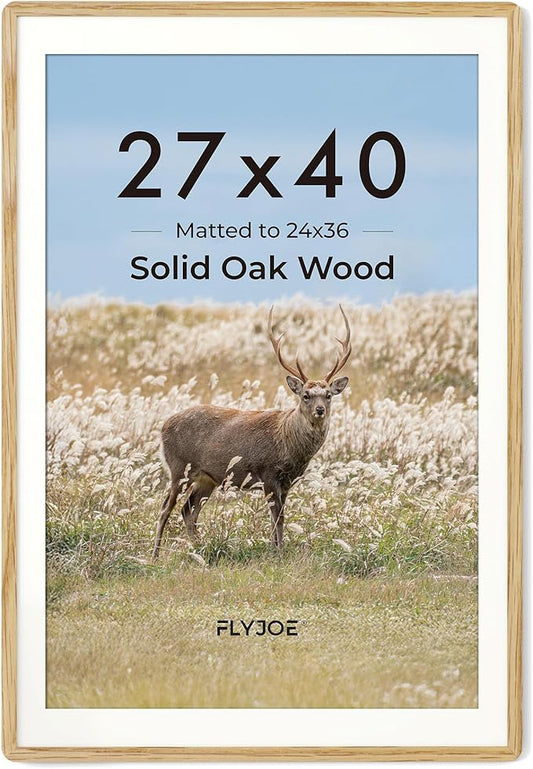 27x40 inch Poster Frame - Solid Oak Wood 27 x 40 Frame, Movie Poster Frame 27x40 With Mat For 24x36, Tempered Glass and Hanging Hardware Included, 27''x40'' Picture Frame Wood, Natural Oak