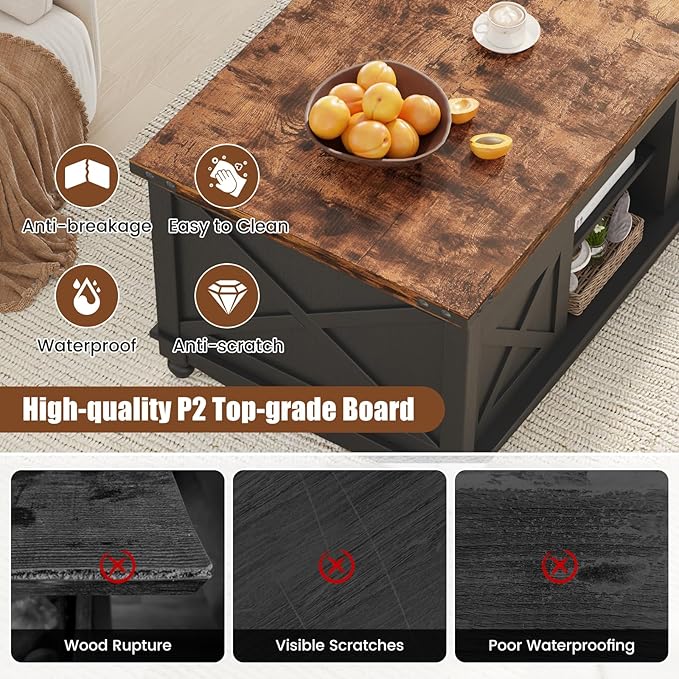 48" Farmhouse Lift Top Coffee Table with Storage Sliding Barn Door & Large Hidden Compartment, Coffee Table with Lifting Top with Wooden Lift Tabletop, Coffee Tables for Living Room, Black