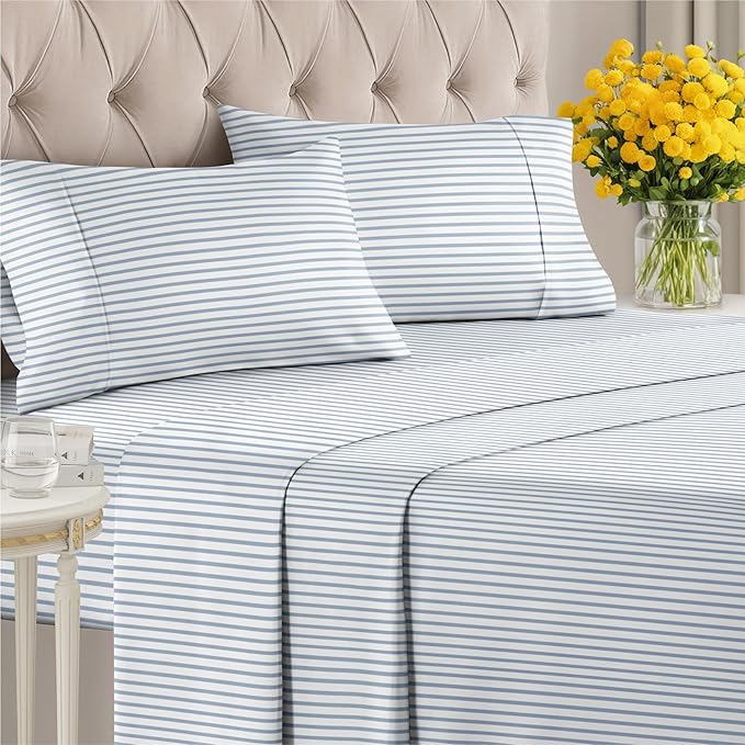 Striped Sheets - Blue & White Striped Sheets - 1 Flat & 1 Fitted & 2 Pillowcases w/ Deep Pockets – Wrinkle & Fade Free - Ultra-Soft, Breathable & Cooling - Luxury Pinstripe Bedding - Cal King Size Set