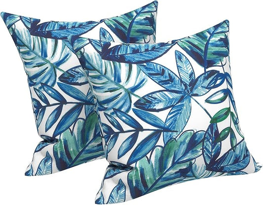 LVTXIII Outdoor/Indoor Throw Pillows, Decorative Throw Pillows with Inserts, 18"x18" Square Pillows for Bed, Couch, Sofa and Patio Furniture, Set of 2, Leaves Ink Blue