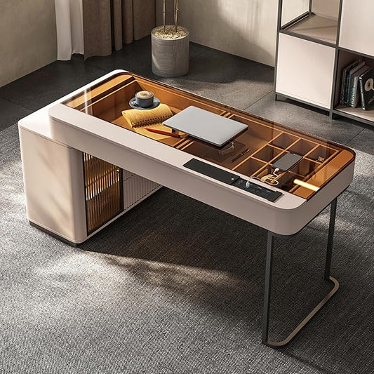 Lartis Office Desk, Very Easy to Assemble, Computer Desk, Home Telescopic Writing Desk, Modern Computer Desk with Retractable Cabinet Built-in LED Lights (Pale Pink, 47 in)