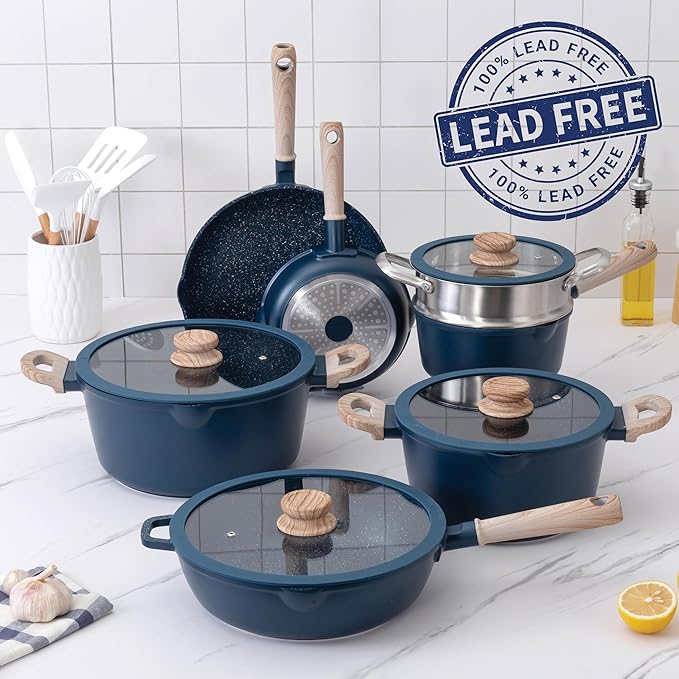 Country Kitchen Non-Stick Cast Aluminum Cookware Set - Durable Kitchen Cookware for Everyday Cooking, Navy Round Handle, 11 Pc.
