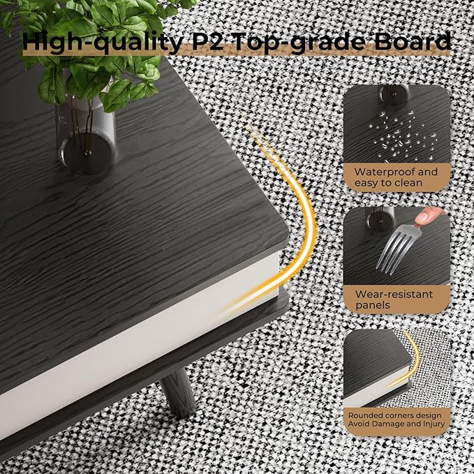 Lift Top Coffee Table, One Minute No Assembly Required Rising Tabletop Center Table with Large Hidden Storage Compartment, Open Shelf, Anti-Pinch Design Mute for Living Room (Black)