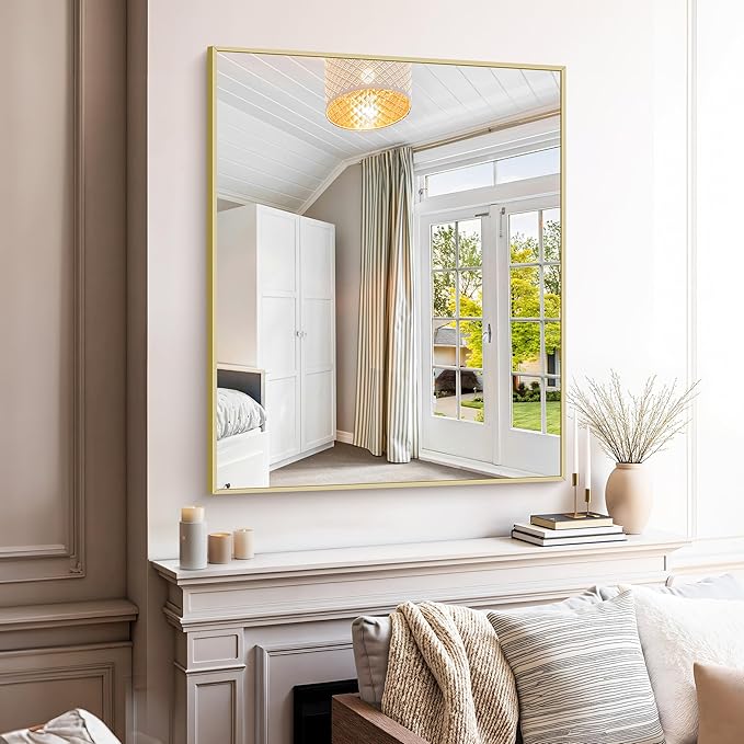 KOCUUY Gold Bathroom Mirror, 30"x36" Rectangle Bathroom Mirror for Wall, HD Tempered Glass, Anti-Rust Frame, Modern Design for Bathroom, Bedroom, Living Room, Entryway