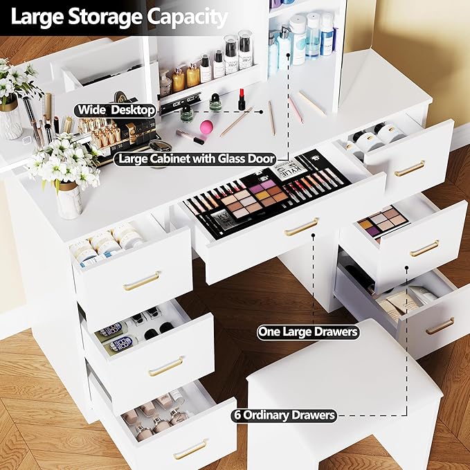 Vanity Desk with Lighted Mirror, Makeup Vanity with Sliding Jewelry Storage & Cabinet, White Vanity Set with Adjustable Brightness, Dressing Table with 7 Drawers (Jewelry Storage & Stool)